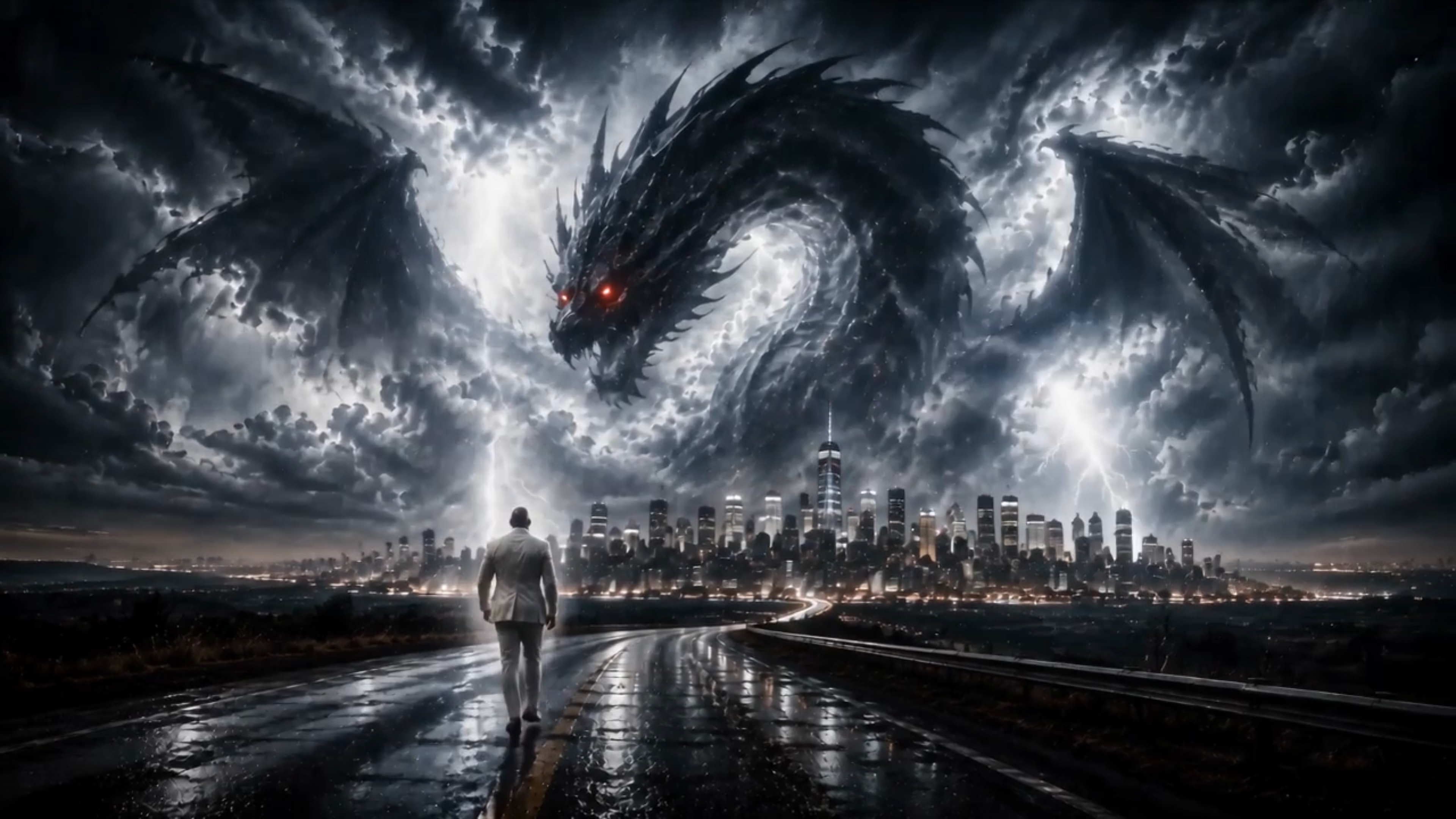 The Black Dragon emerges from a storm above the city as the Ancient approaches